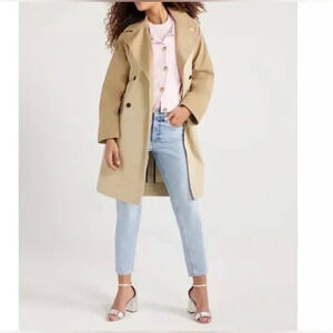 NWT $49 Women's Modern Trench Coat Light Brown Khaki Double Breasted Cotton S